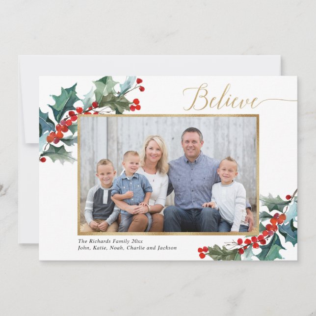Believe red holly berries and gold photo card (Front)