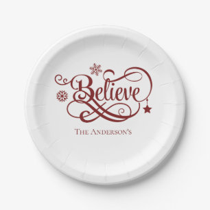 Believe Red Snowflakes Stars Christmas Holiday Paper Plate