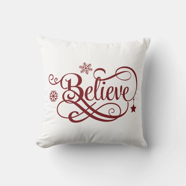 Believe Red Snowflakes Stars Christmas Holiday Throw Pillow (Front)