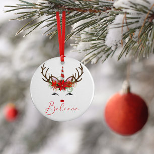 Believe Red & White Christmas Reindeer Unicorn Ceramic Ornament
