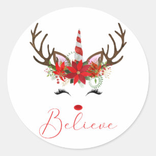 Believe Red & White Christmas Reindeer Unicorn Classic Round Sticker