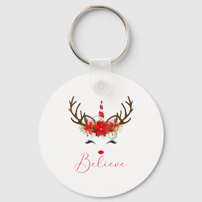 Believe Red White Insettia Reindeer Unicorn  Keychain (Front)