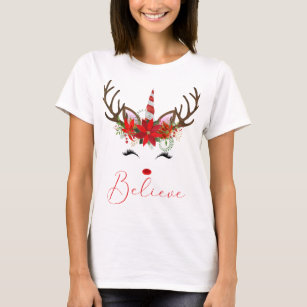 Believe Red & White Poinsettia Reindeer Unicorn T-Shirt