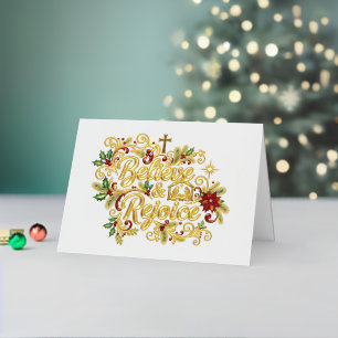 Believe & Rejoice poinsettia and nativity Foil Holiday Card
