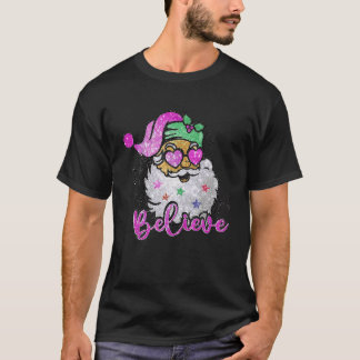 Believe Retro Santa Christmas Women Pink Santa Sun T-Shirt