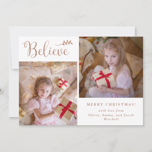 Believe | Rose Gold Christmas Photo Collage Holiday Card (Front)