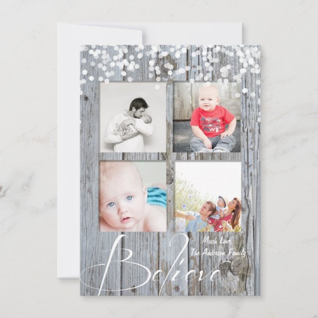 Believe Rustic Wood Sparkle Stars Christmas Holiday Card (Front)