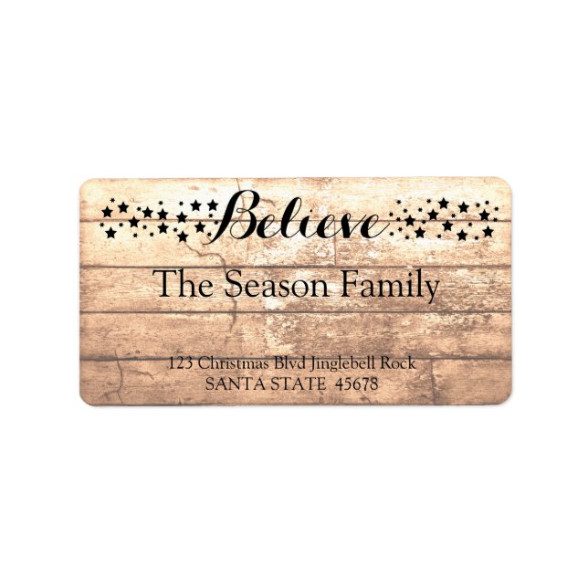 Believe Rustic wooden holiday label (Front)