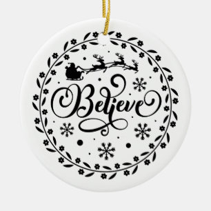 "Believe" Santa Claus Flying Sleigh Christmas  Ceramic Ornament