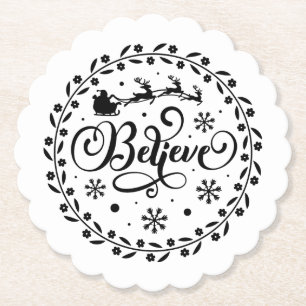 "Believe" Santa Claus Flying Sleigh Christmas Paper Coaster