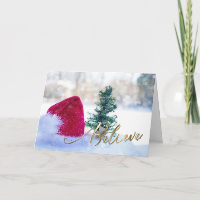 Believe - Santa Hat and Tree OR  Your PHOTO Note Card (Front)