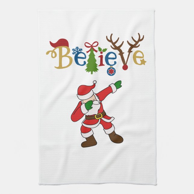 Believe, Santa Striking a Pose Kitchen Towel (Vertical)