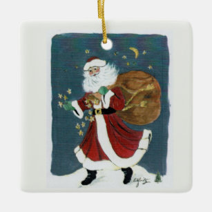 "Believe" Santa Watercolor Painting text  Ceramic Ornament