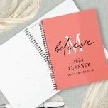 Believe Script 2024 Monogram Initial Name Coral Planner<br><div class="desc">Believe Script 2024 Monogram Initial Name Coral. Keep yourself organised for the year ahead with this inspirational design with an encouraging word, Believe, in an informal set script overlaid onto your initial in white on a coral rose pink background. Personalise with the year and your name. A matching coral colour...</div>