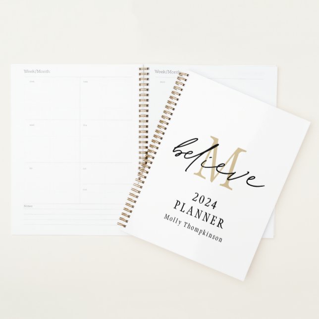 Believe Script 2024 Monogram Initial Name White Planner (Display)