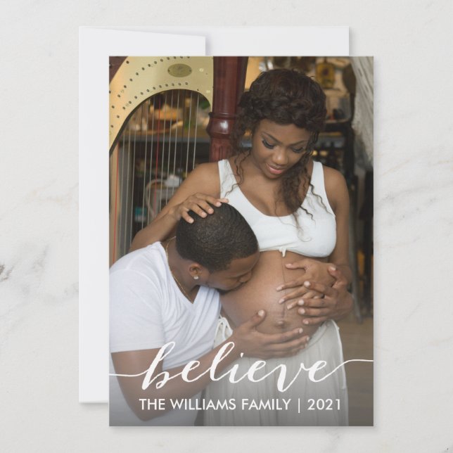 Believe Script Christmas Family Holiday Photo Card (Front)