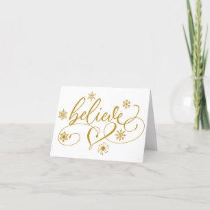 Believe Script Gold Snowflake Flourish Christmas Holiday Card