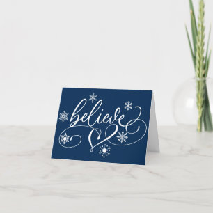 Believe Script Navy Blue Christmas Snowflake Holiday Card