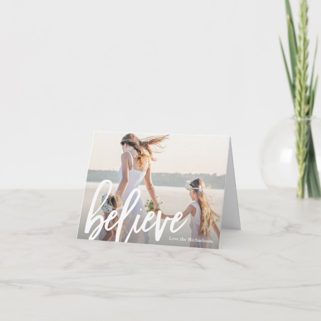 Believe Script Photo Christmas Holiday Card (Front)