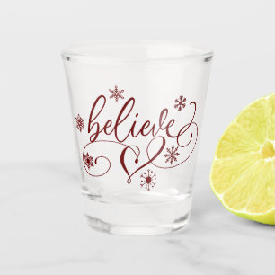 Believe Script   Red Christmas Snowflake Flourish Shot Glass