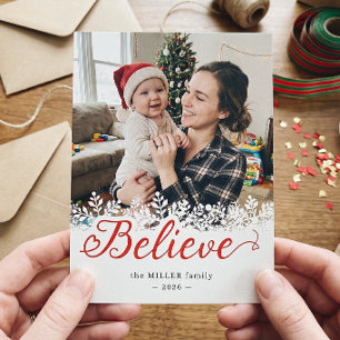 Believe Script Snowflakes Overlay Christmas Photo Holiday Card