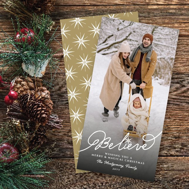 Believe Script Star Religious Christmas Chic Photo Holiday Card (Creator Uploaded)