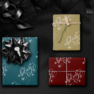 Believe Script   White Holiday Snowflake Flourish Wrapping Paper Sheet