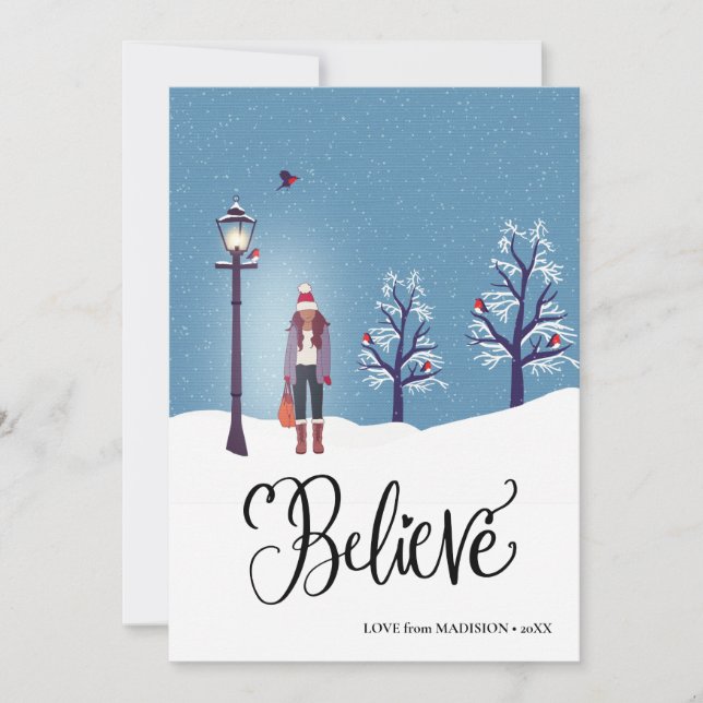 BELIEVE | Snowy Scenery With Winter Cardinal Bird Holiday Card (Front)