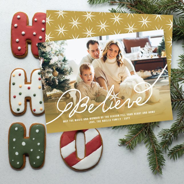 Believe Star Calligraphy Religious Christmas Photo Holiday Card (Creator Uploaded)