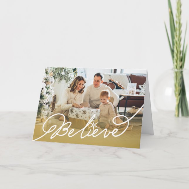 Believe Star Calligraphy Religious Christmas Photo Holiday Card (Front)