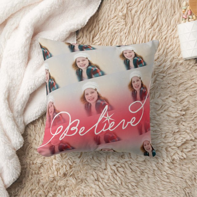 Believe Star Red Ombre Christmas Photo Collage Throw Pillow (Blanket)