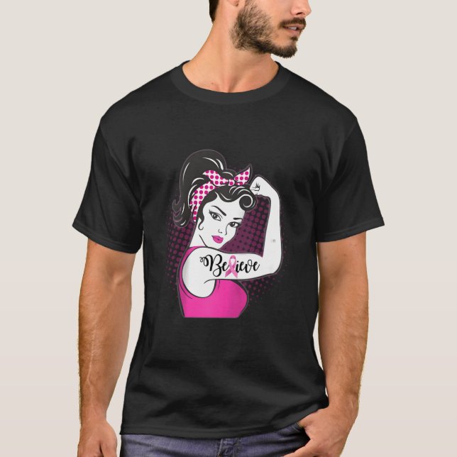 Believe Strong K Ribbon Breast Cancer Awareness T-Shirt (Front)