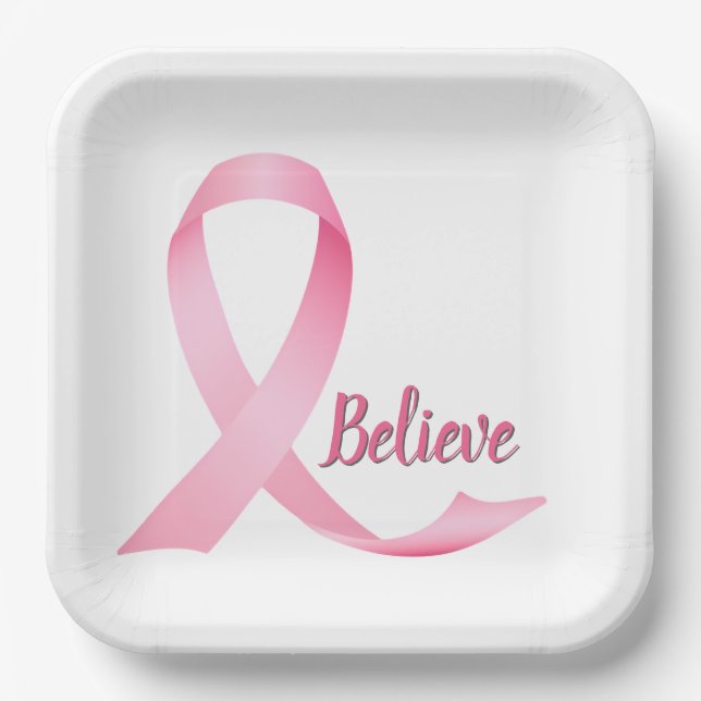 Believe Text Pink Ribbon Breast Cancer Awareness Paper Plate (Front)