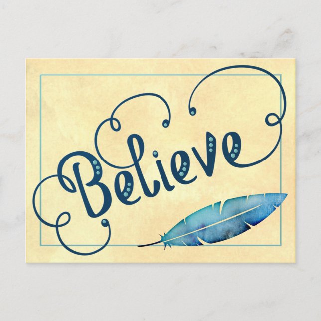 BELIEVE Typography Teal Blue Yellow Watercolor Postcard (Front)