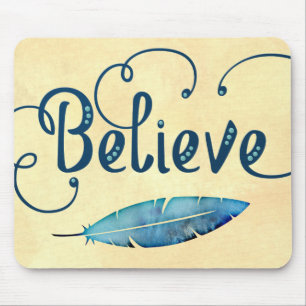 Believe Typography Watercolor Feather Blues Yellow Mouse Pad