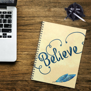 Believe Typography Watercolor Feather Blues Yellow Notebook