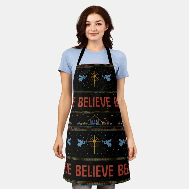 BELIEVE Ugly Christmas Sweater Jesus Christian God Apron (Worn)