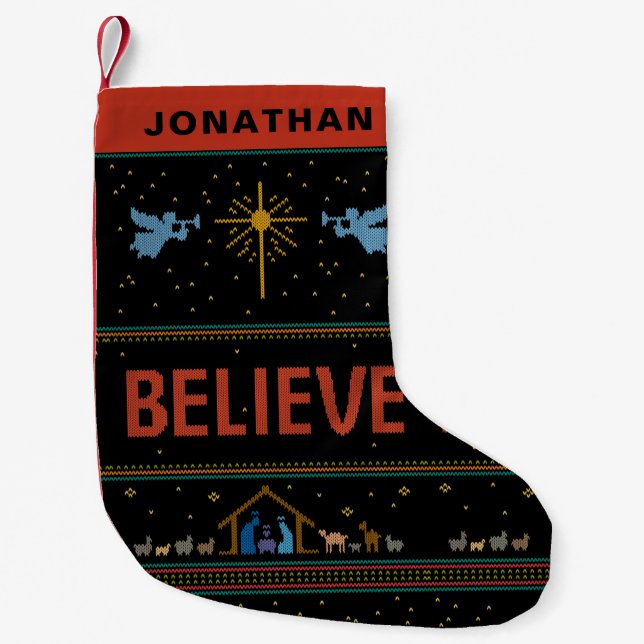 BELIEVE Ugly Christmas Sweater Religious Christian Small Christmas Stocking (Front)