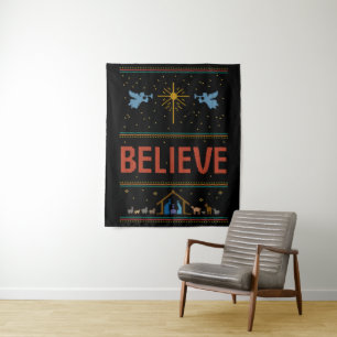 BELIEVE Ugly Christmas Sweater Religious Christian Tapestry