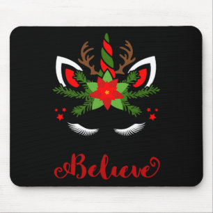 Believe Unicorn Reindeer Face Cute Christmas Santa Mouse Pad