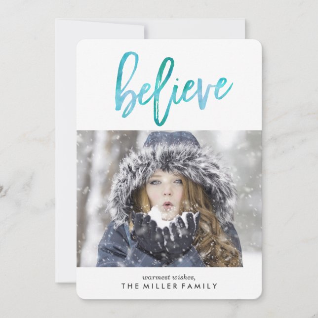 Believe | Watercolor Holiday Photo Card (Front)