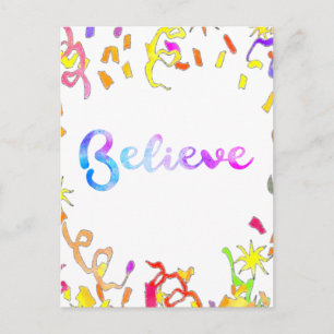 Believe Watercolor Typography Confetti Art Postcard