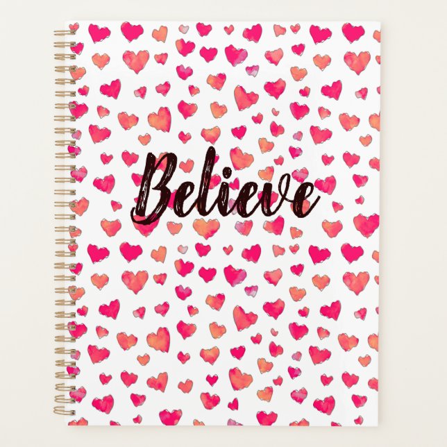 Believe Watercolor Typography Hearts Art  Planner (Front)