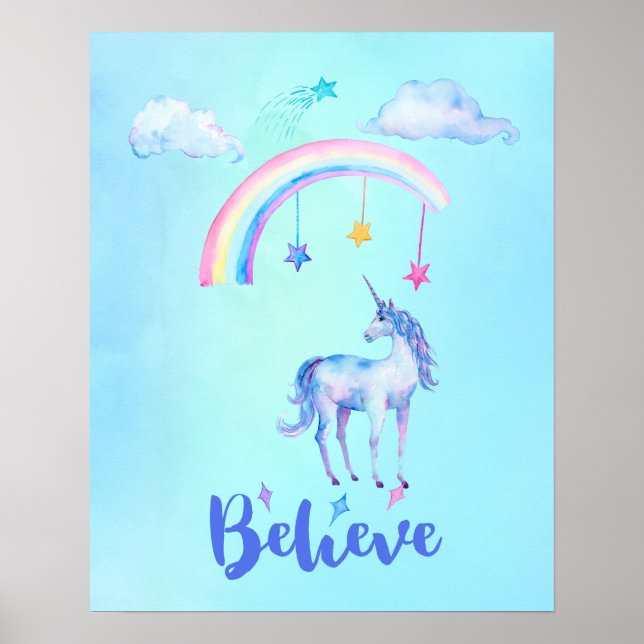 Believe with a Unicorn Under a Rainbow Poster (Front)