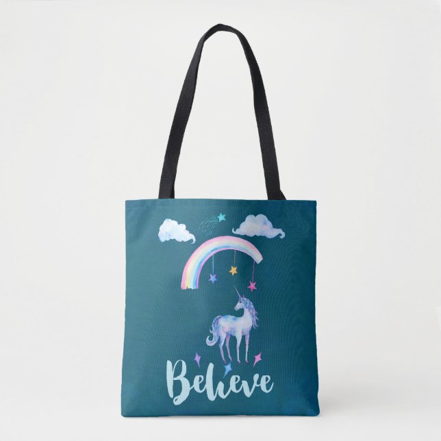 Believe with a Unicorn Under a Rainbow Tote Bag (Front)