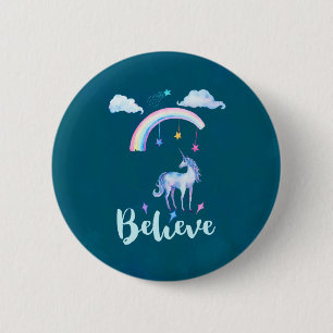 Believe with a Watercolor Unicorn Under a Rainbow 2 Inch Round Button