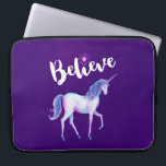 Believe with Unicorn In Pastel Watercolors Laptop Sleeve<br><div class="desc">Laptop sleeve with a pretty watercolor unicorn painted in soft pastel watercolors of pink,  purple and blue. Inspirational typography text says Believe in a trendy font with a star above the letter i. Set on a royal purple background.</div>