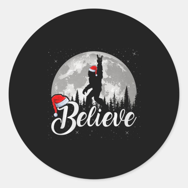 Believe Xmas Santa Bigfoot Sasquatch In Moon Light Classic Round Sticker (Front)