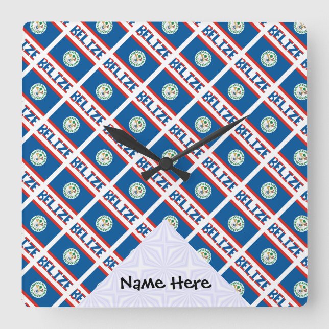 Belize and Belizean Flag Tiled with Your Name Square Wall Clock (Front)