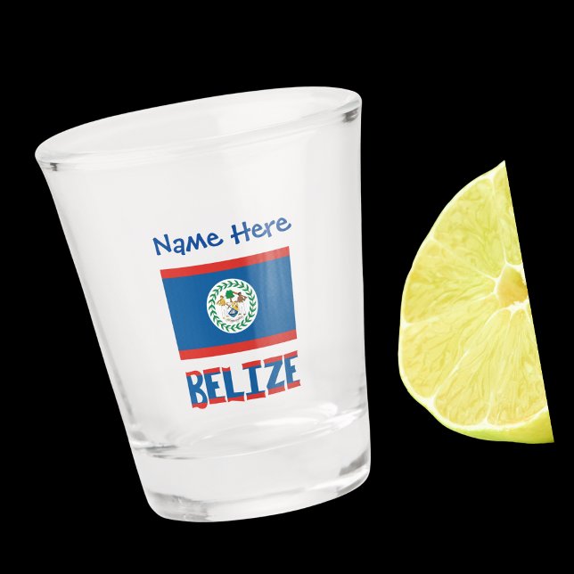 Belize Belizean Flag Blue Personalization  Shot Glass (Belizean Flag on shot glass has the word BELIZE below in flag colors. Add name above in blue text.)